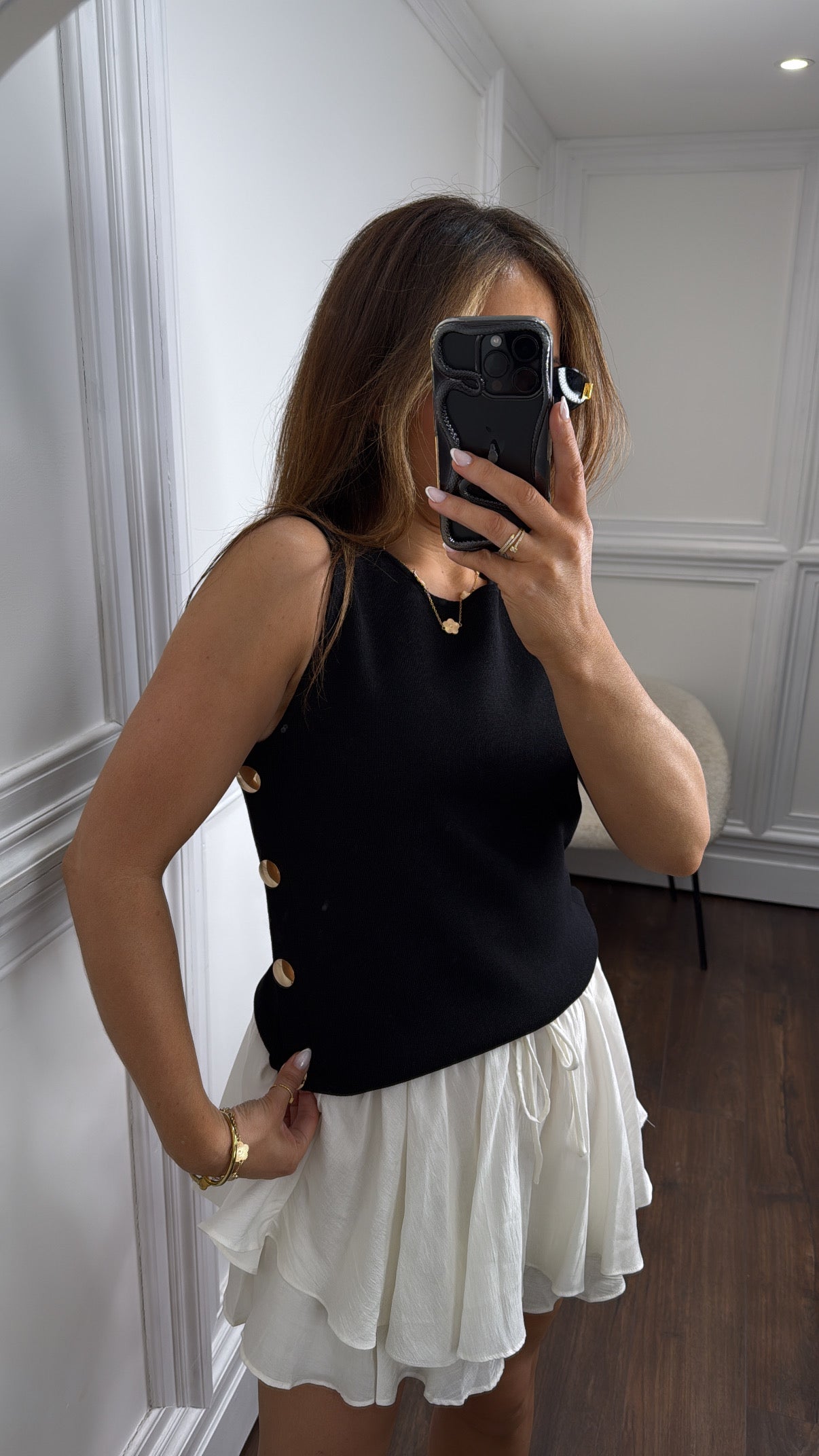 FIONA black fine knit gold button top