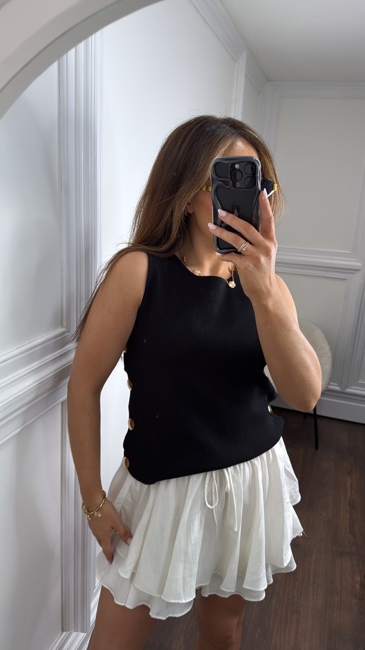 FIONA black fine knit gold button top