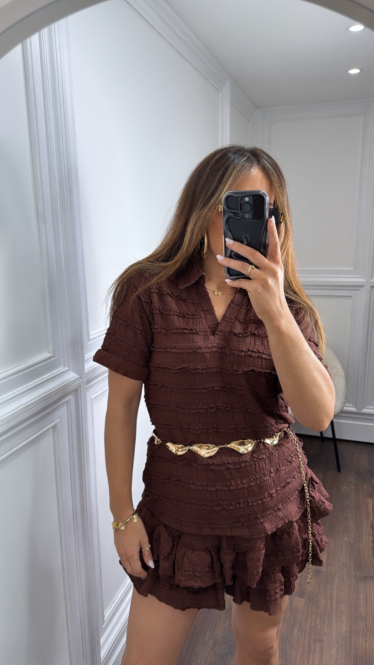 LEXIE brown textured ruffle skort co-ord
