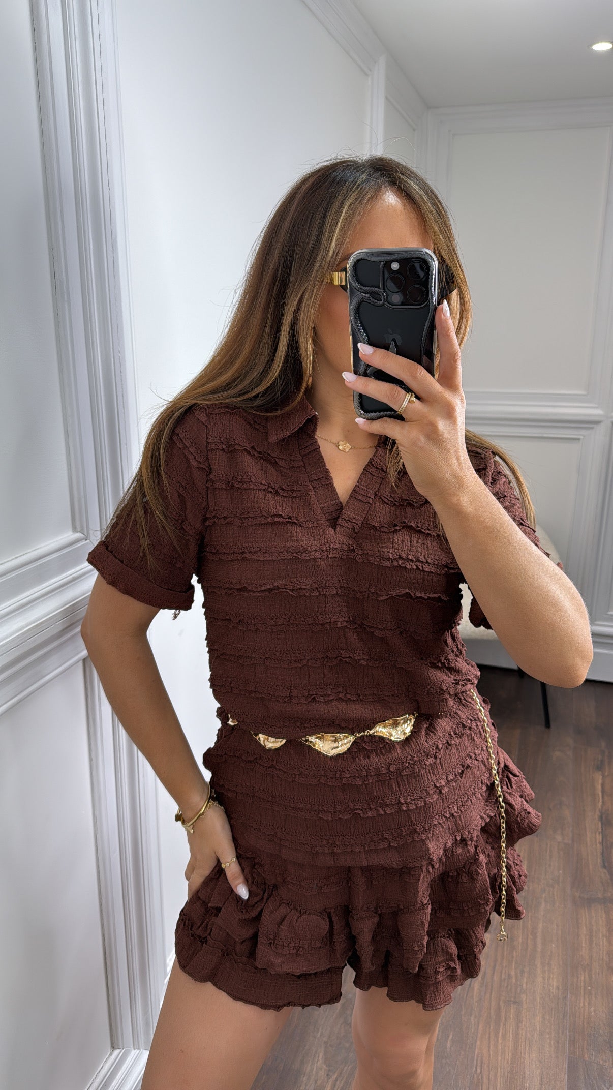 LEXIE brown textured ruffle skort co-ord