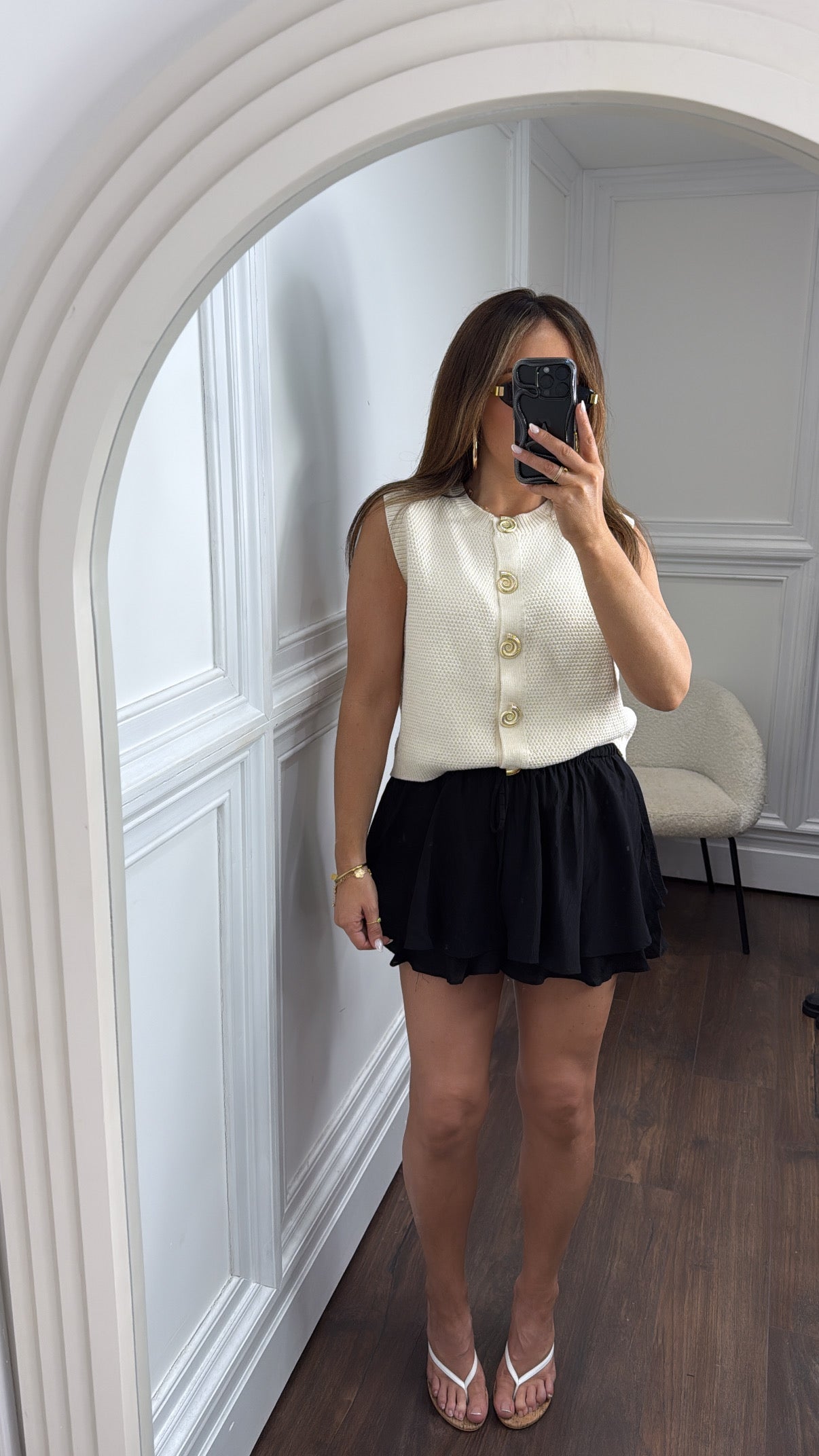 SHELLEY cream sleeveless cardigan with gold shell buttons