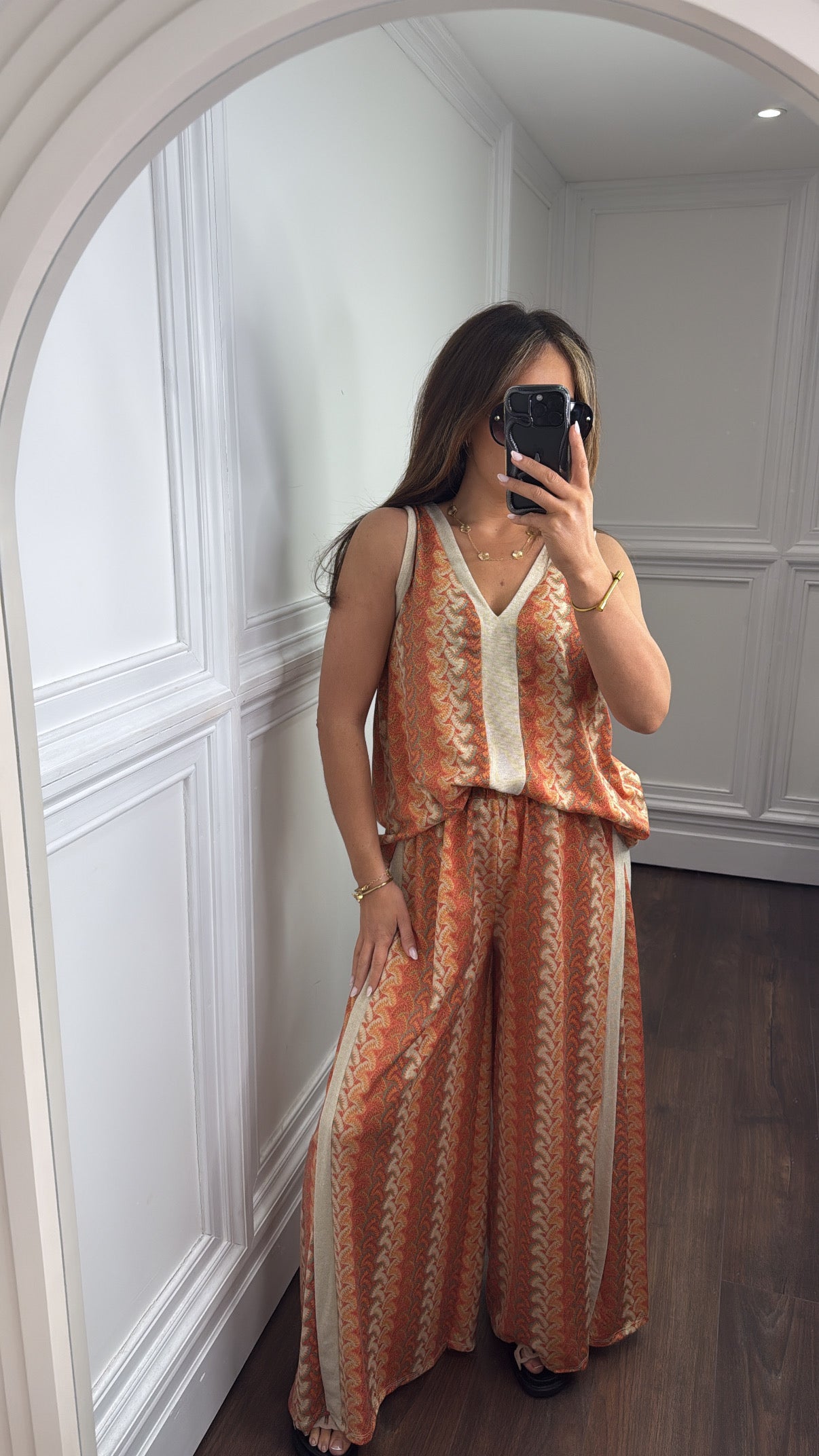PELLA orange printed contrast trouser co-ord