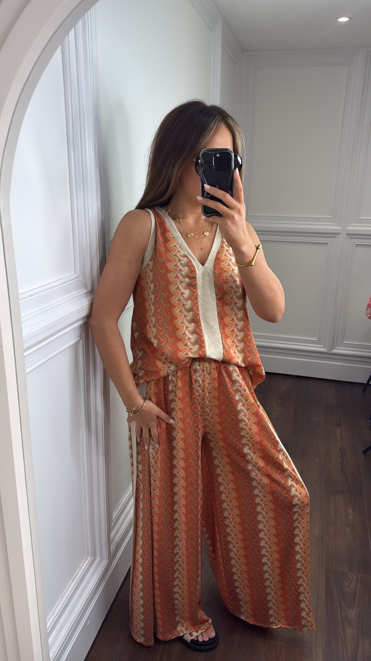 PELLA orange printed contrast trouser co-ord