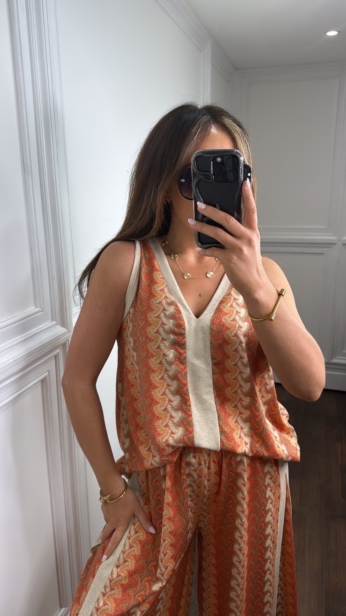 PELLA orange printed contrast trouser co-ord