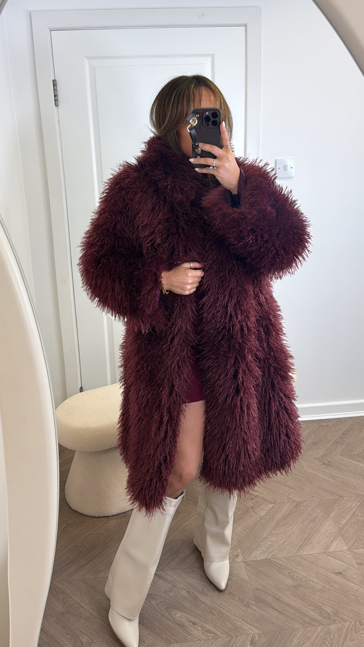 KHLOE burgundy oversize long faux fur coat