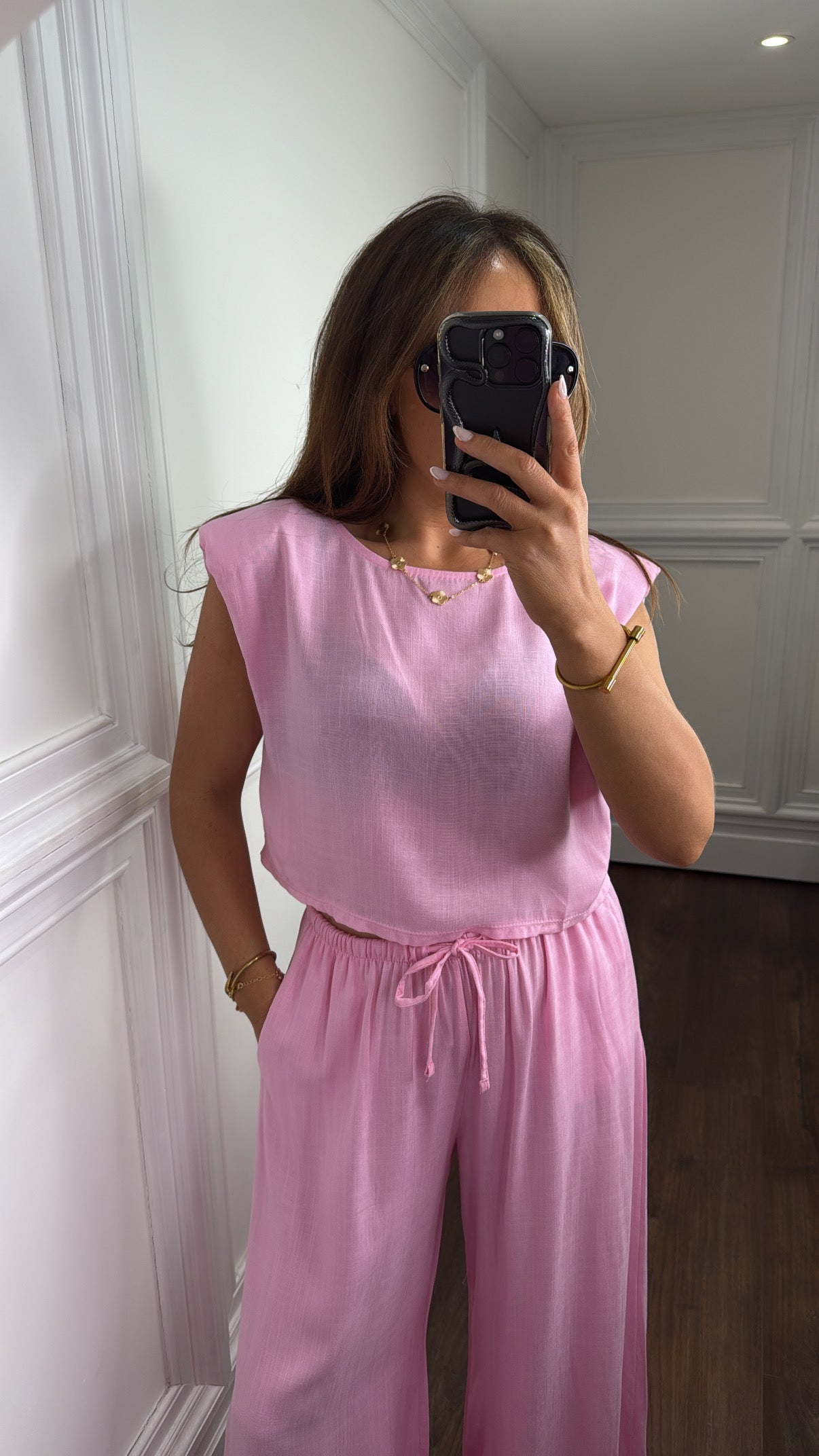 LEONI pink shoulder pad top and trousers co-ord