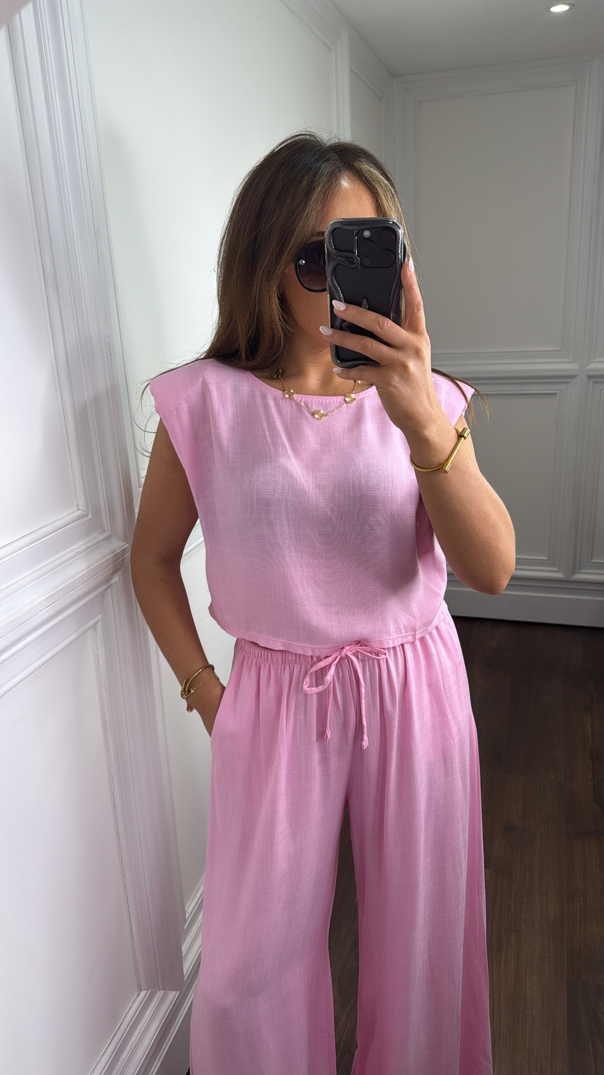 LEONI pink shoulder pad top and trousers co-ord