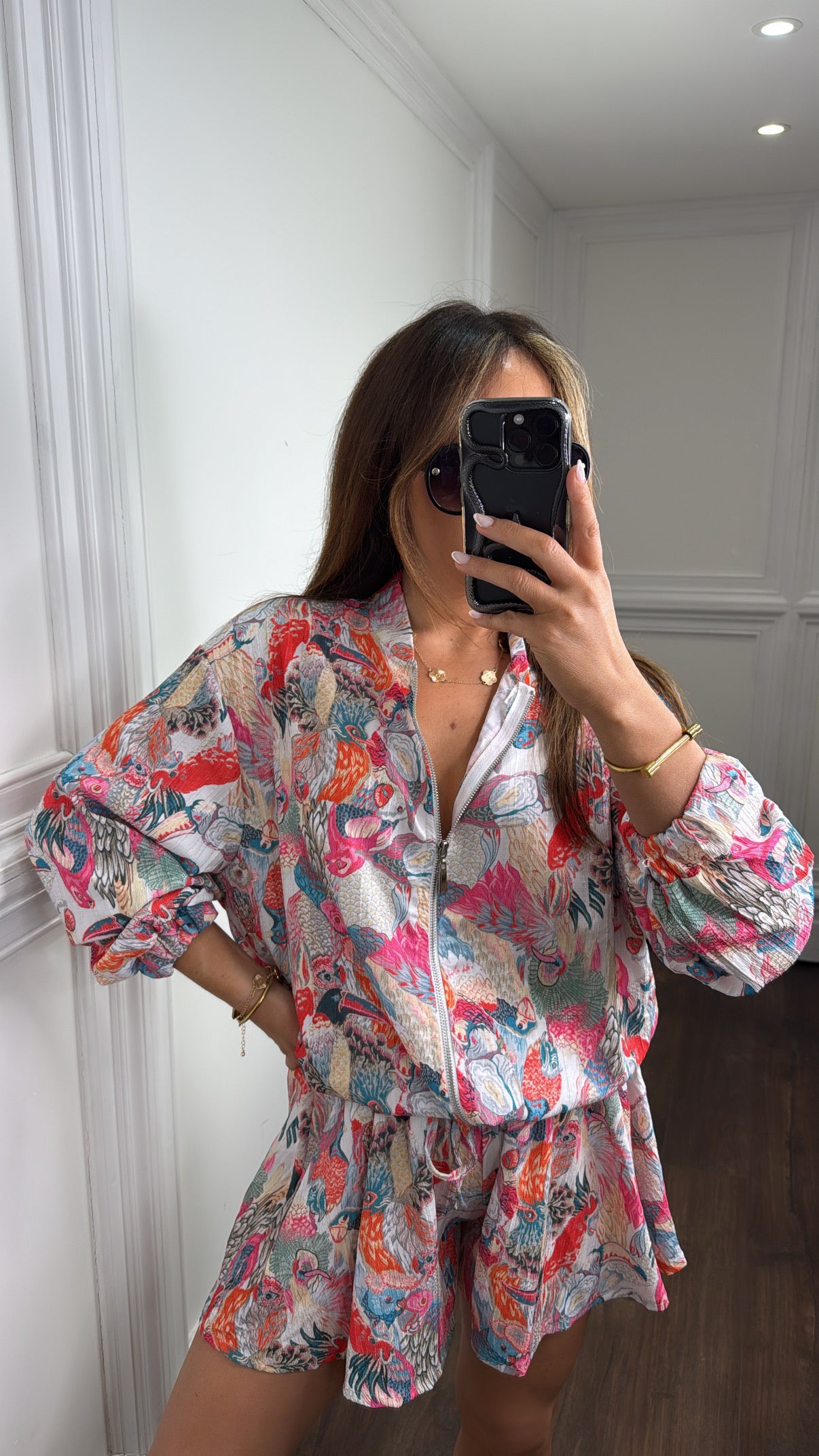 PARROT PRINT pink zip jacket and shorts co-ord
