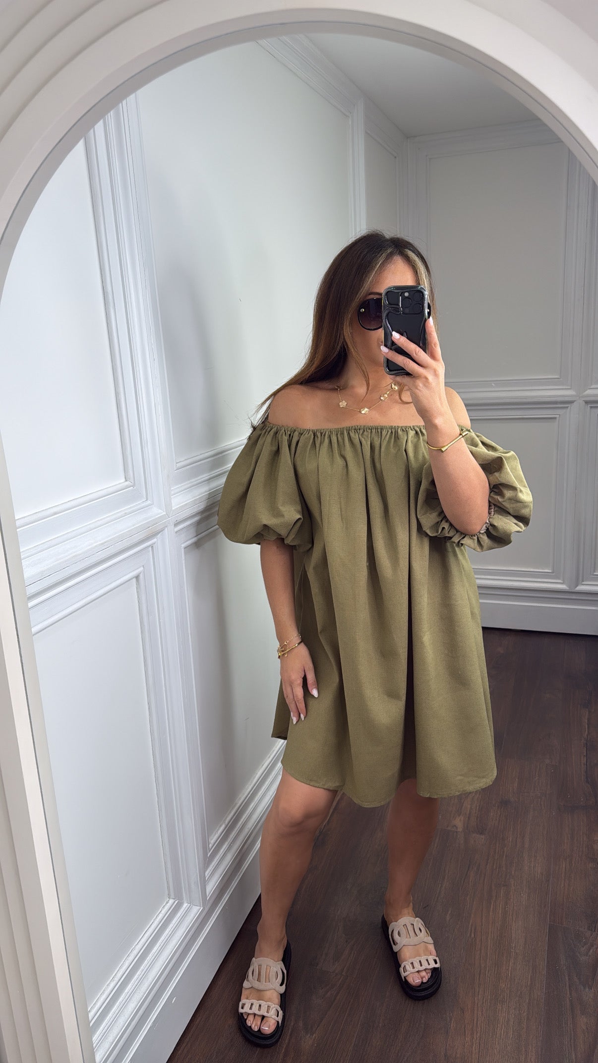 KEELEY khaki linen look bardot dress