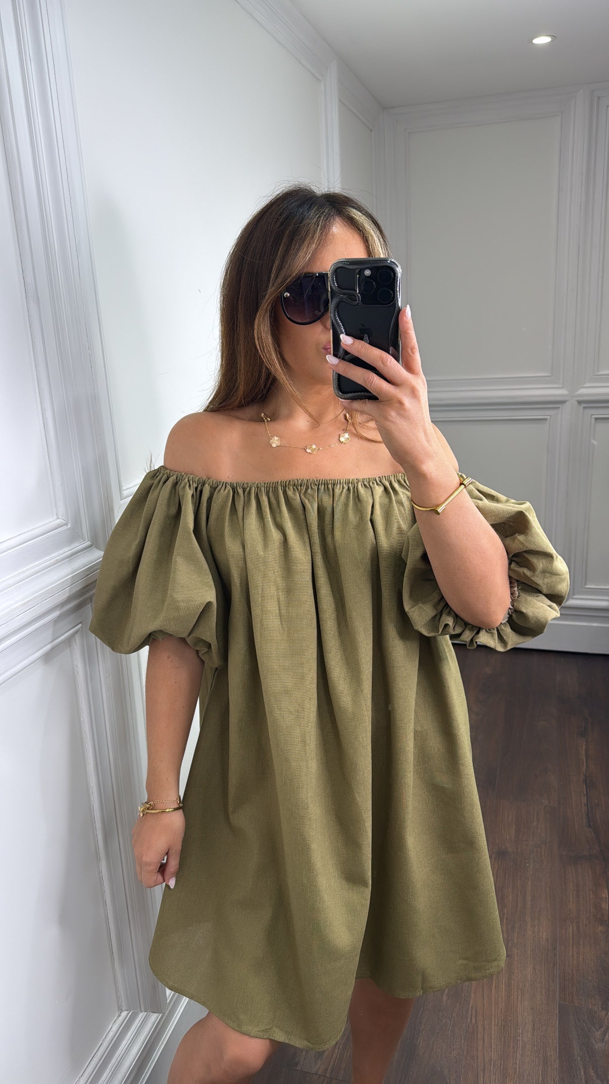 KEELEY khaki linen look bardot dress