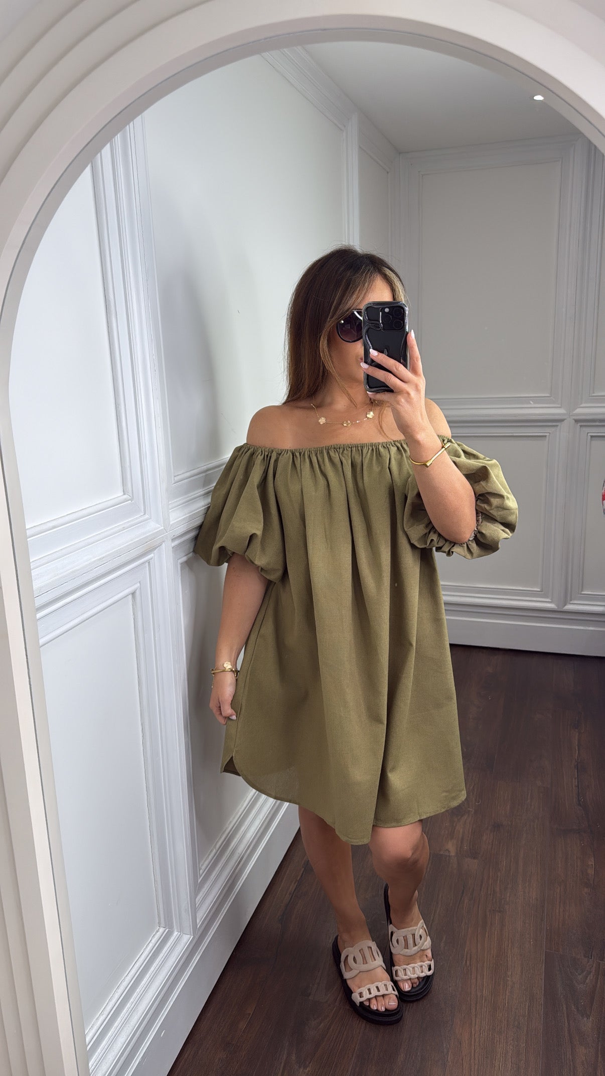 KEELEY khaki linen look bardot dress