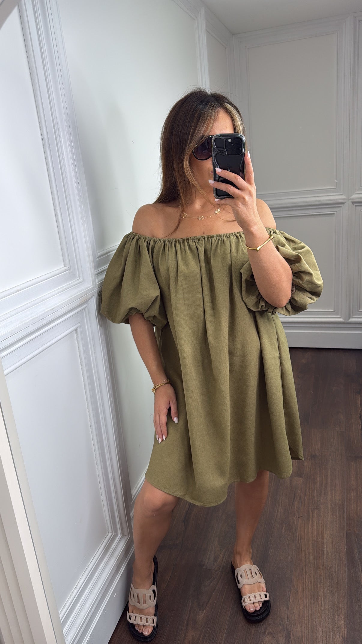 KEELEY khaki linen look bardot dress