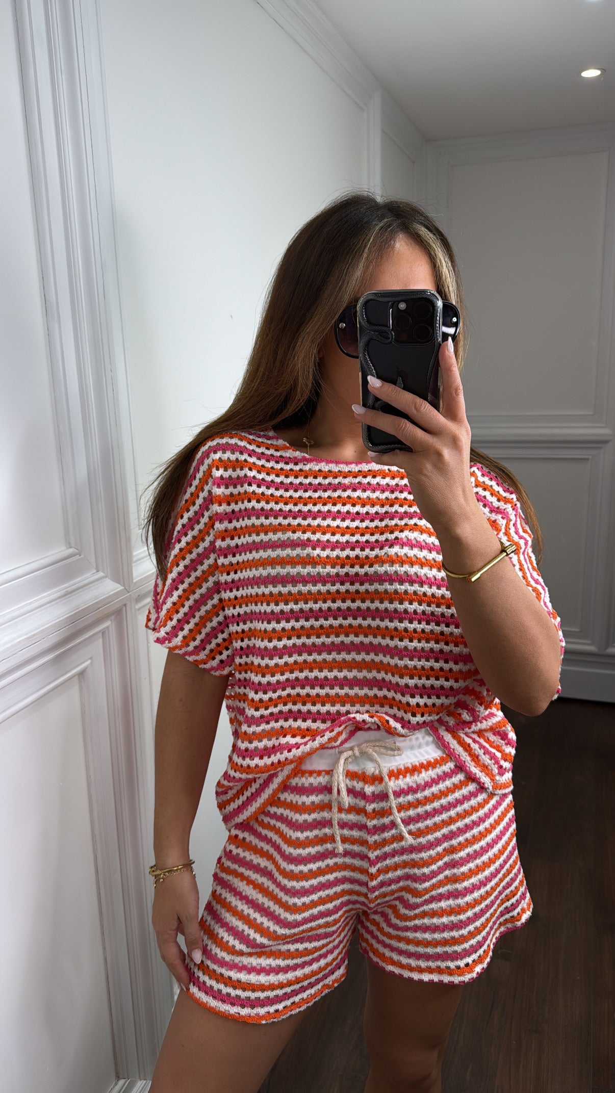 ABBEY pink and orange crochet top and shorts co-ord