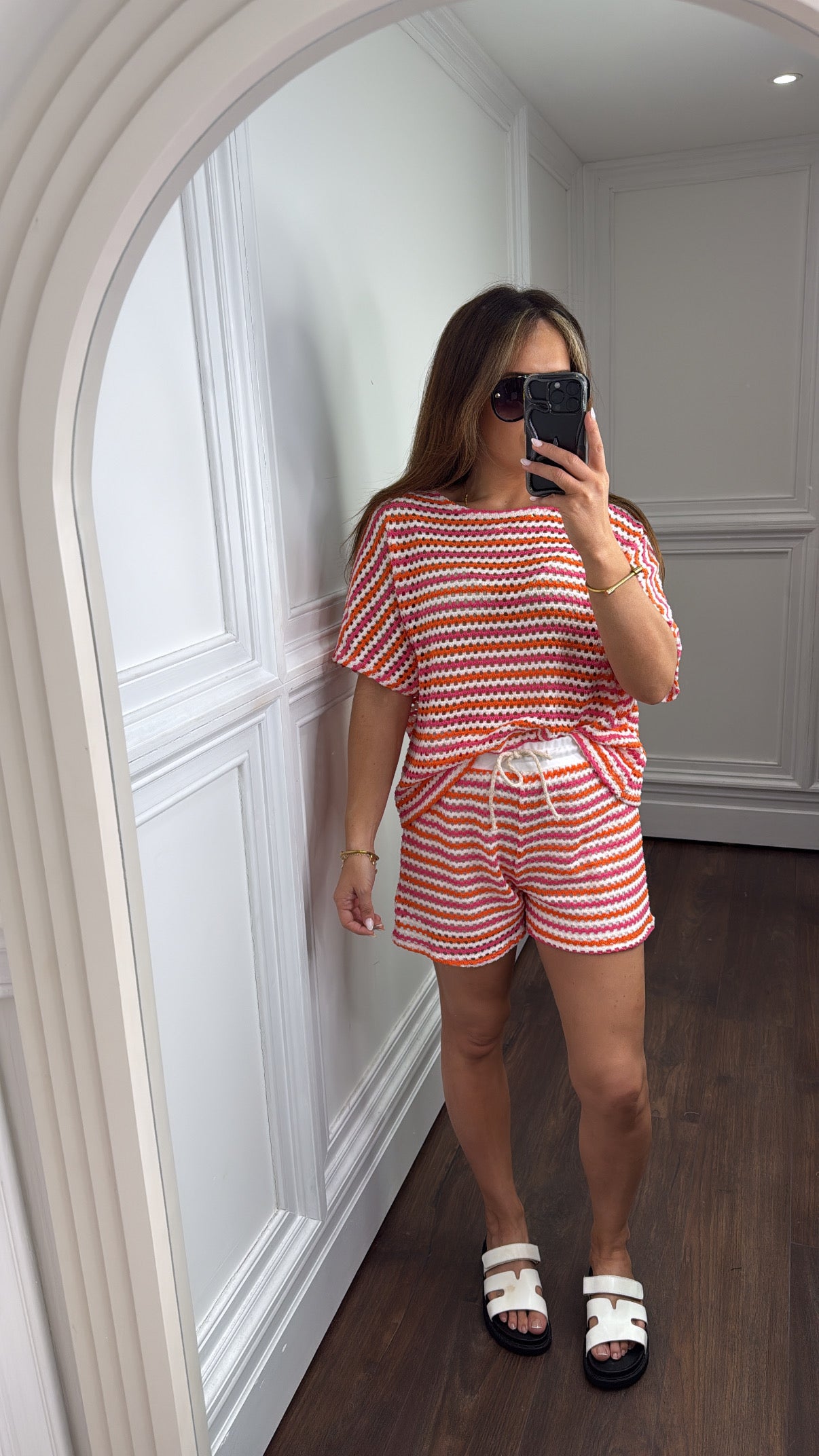 ABBEY pink and orange crochet top and shorts co-ord
