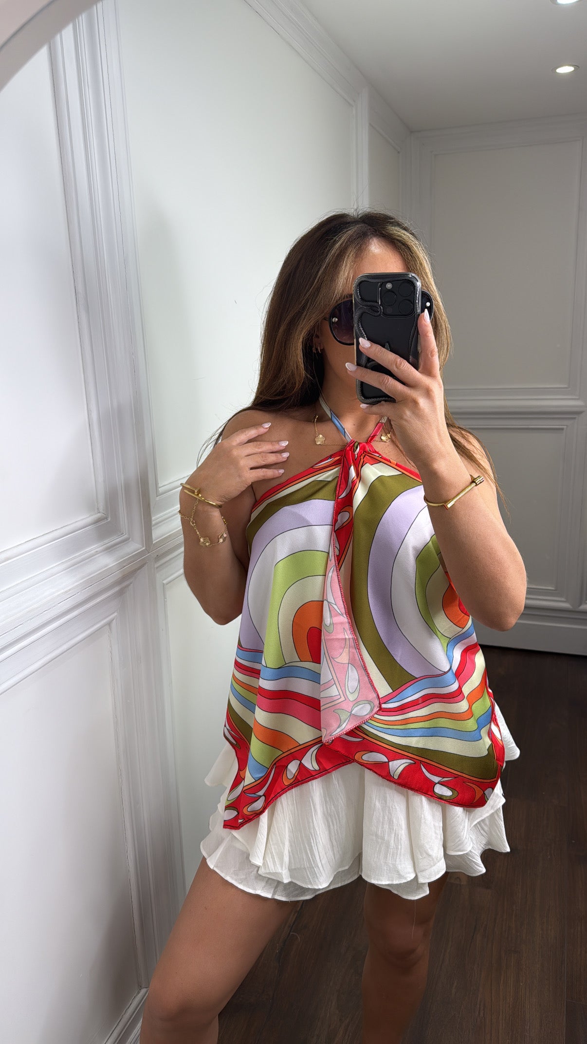 HARMONY multi color print tie neck top