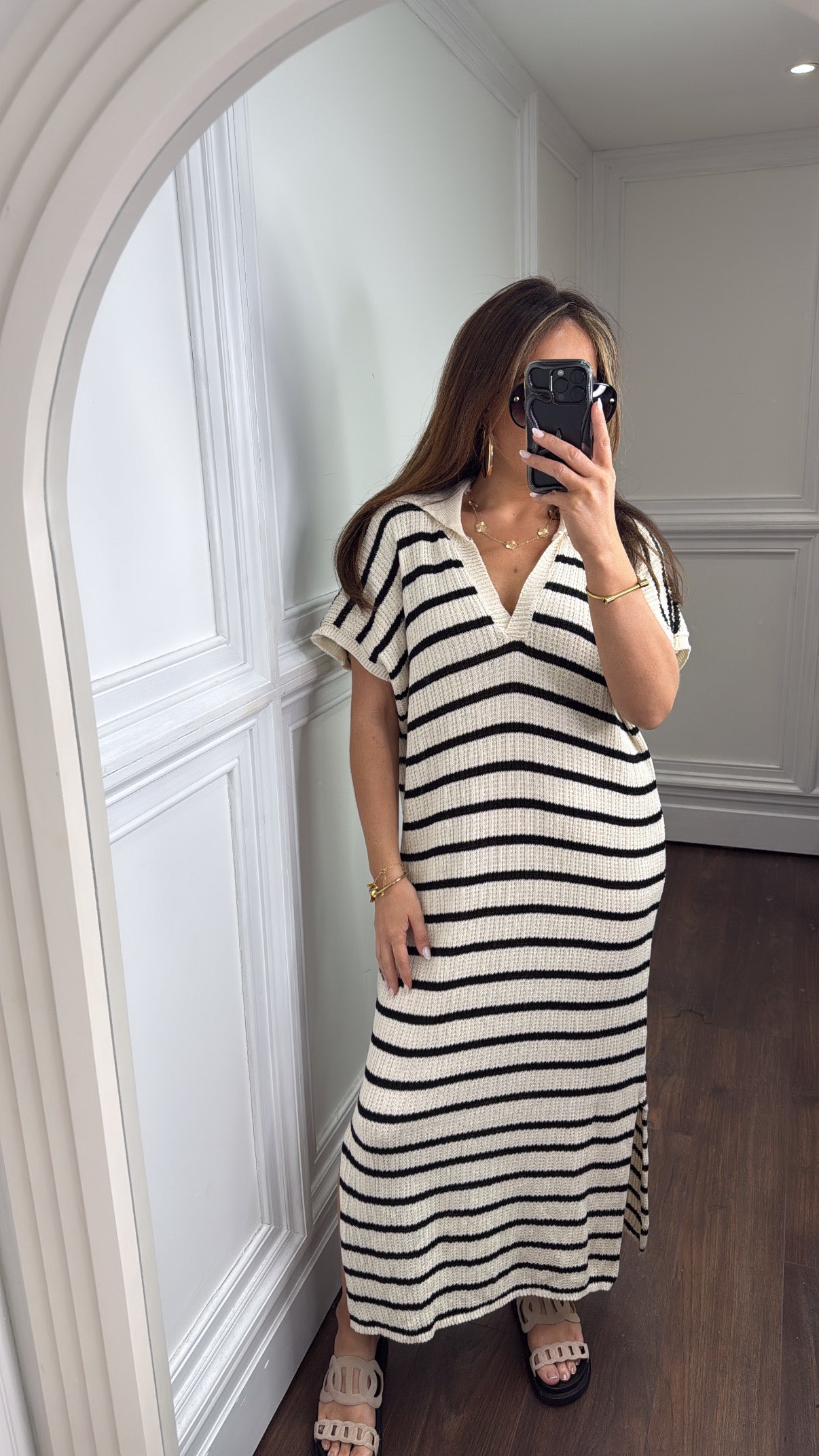 PAIGE cream with black stripes knitted maxi dress