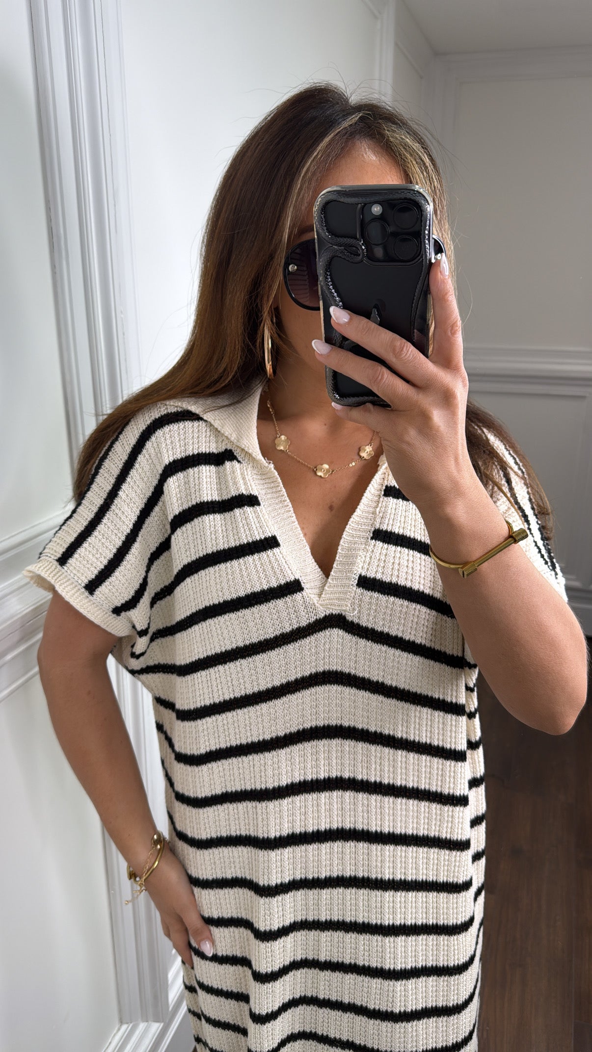 PAIGE cream with black stripes knitted maxi dress