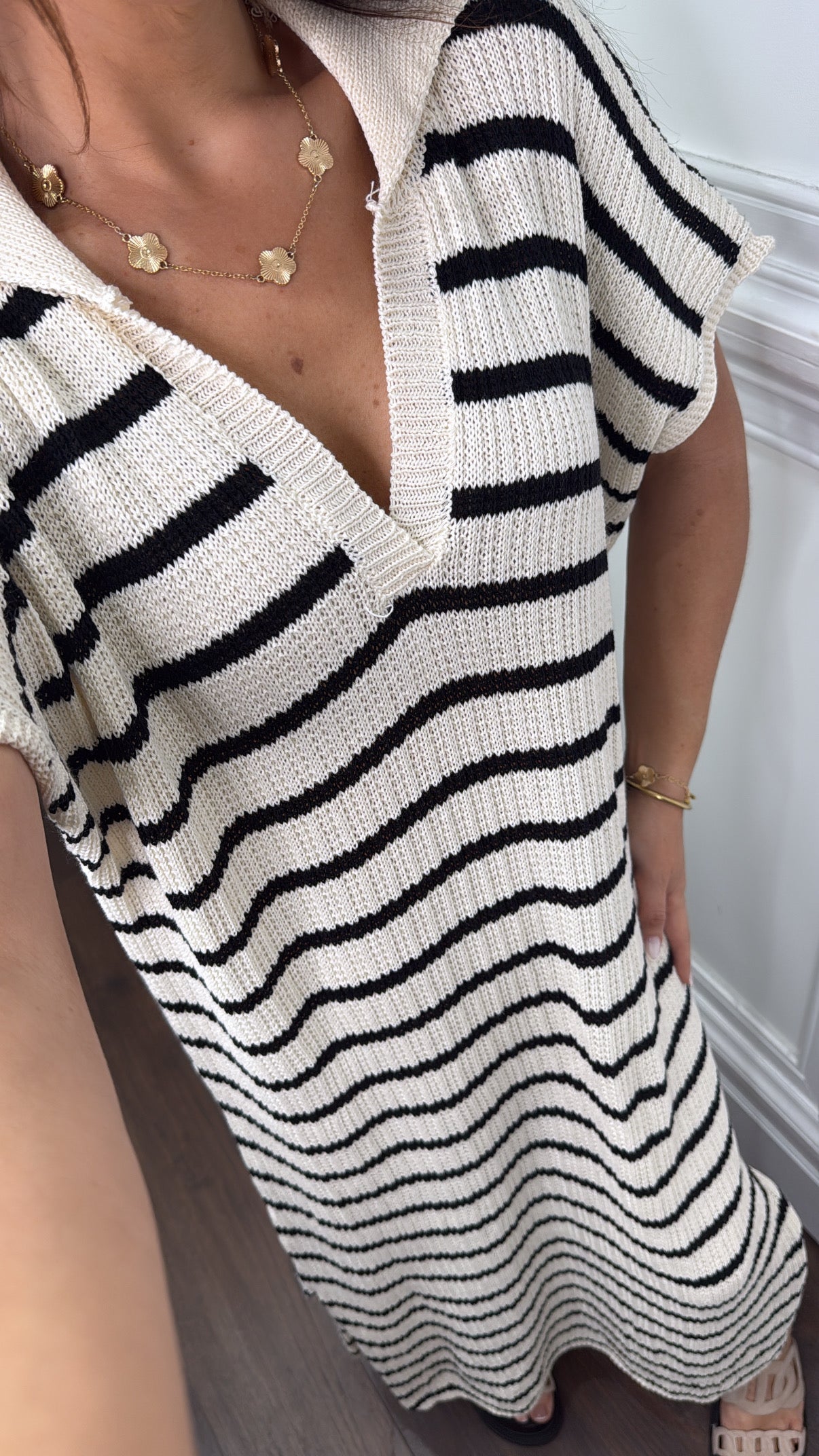 PAIGE cream with black stripes knitted maxi dress