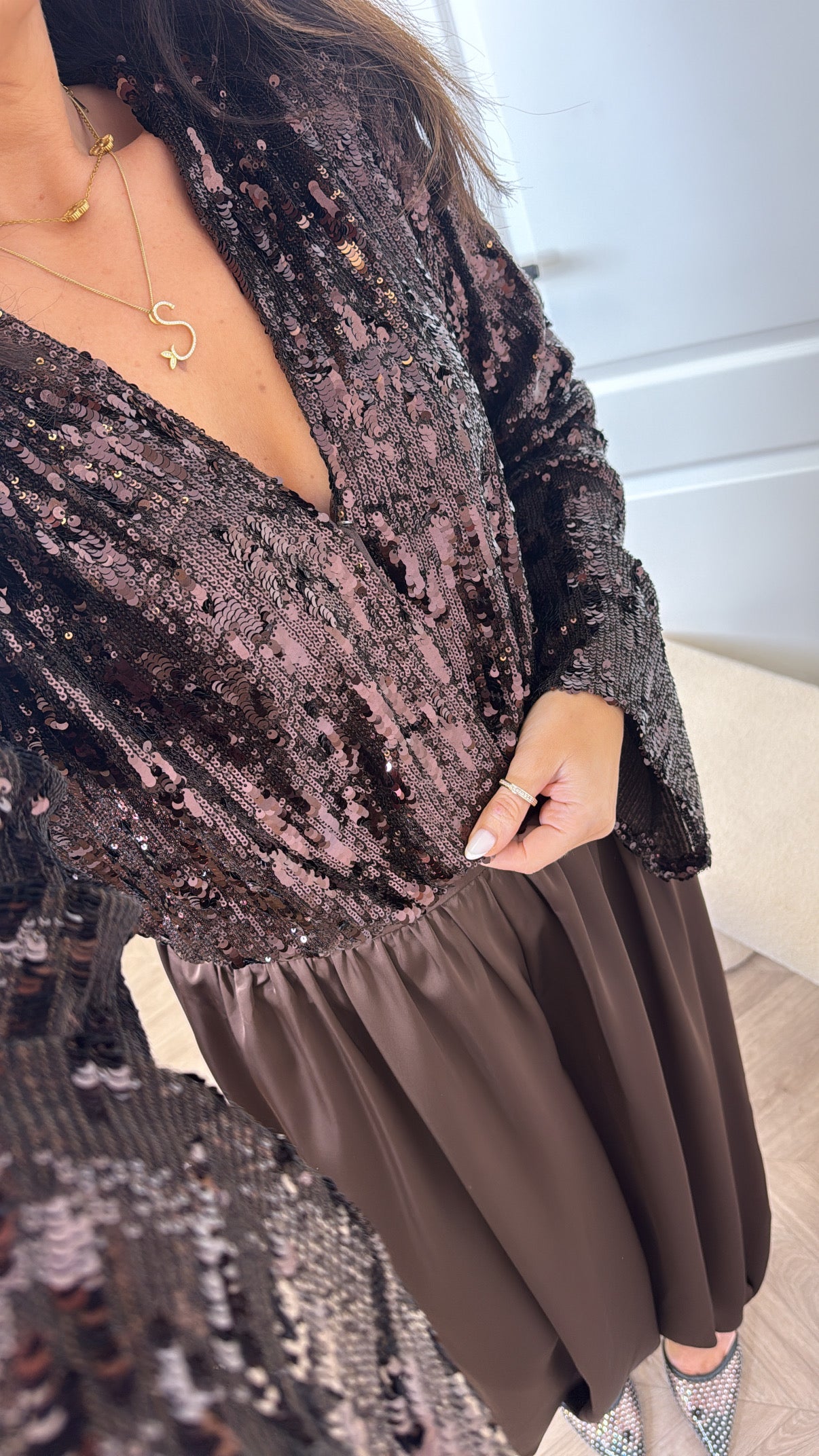 VICTORIA brown sequin wrap front top