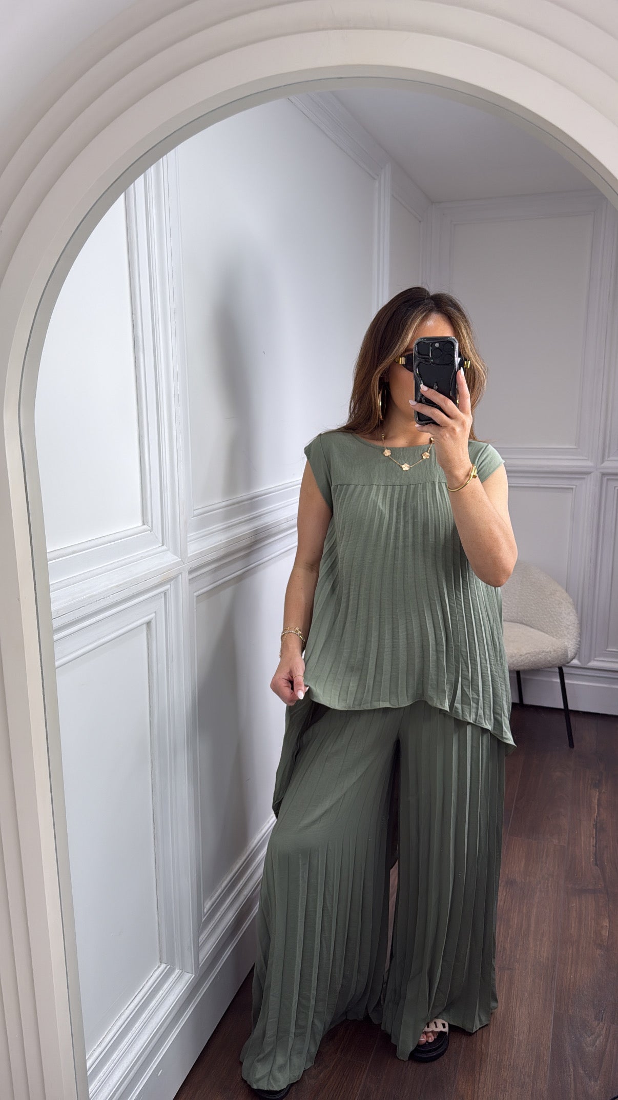 BOBBI sage green pleated dip hem top and palazzo trouser co-ord