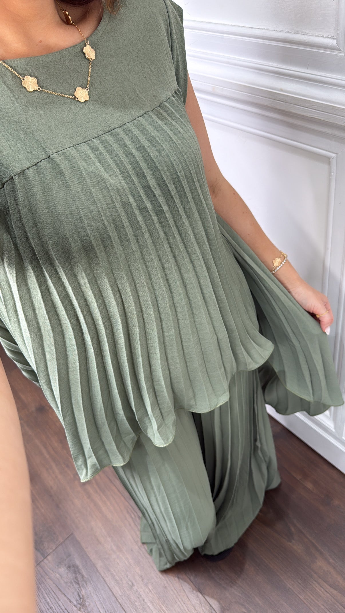 BOBBI sage green pleated dip hem top and palazzo trouser co-ord