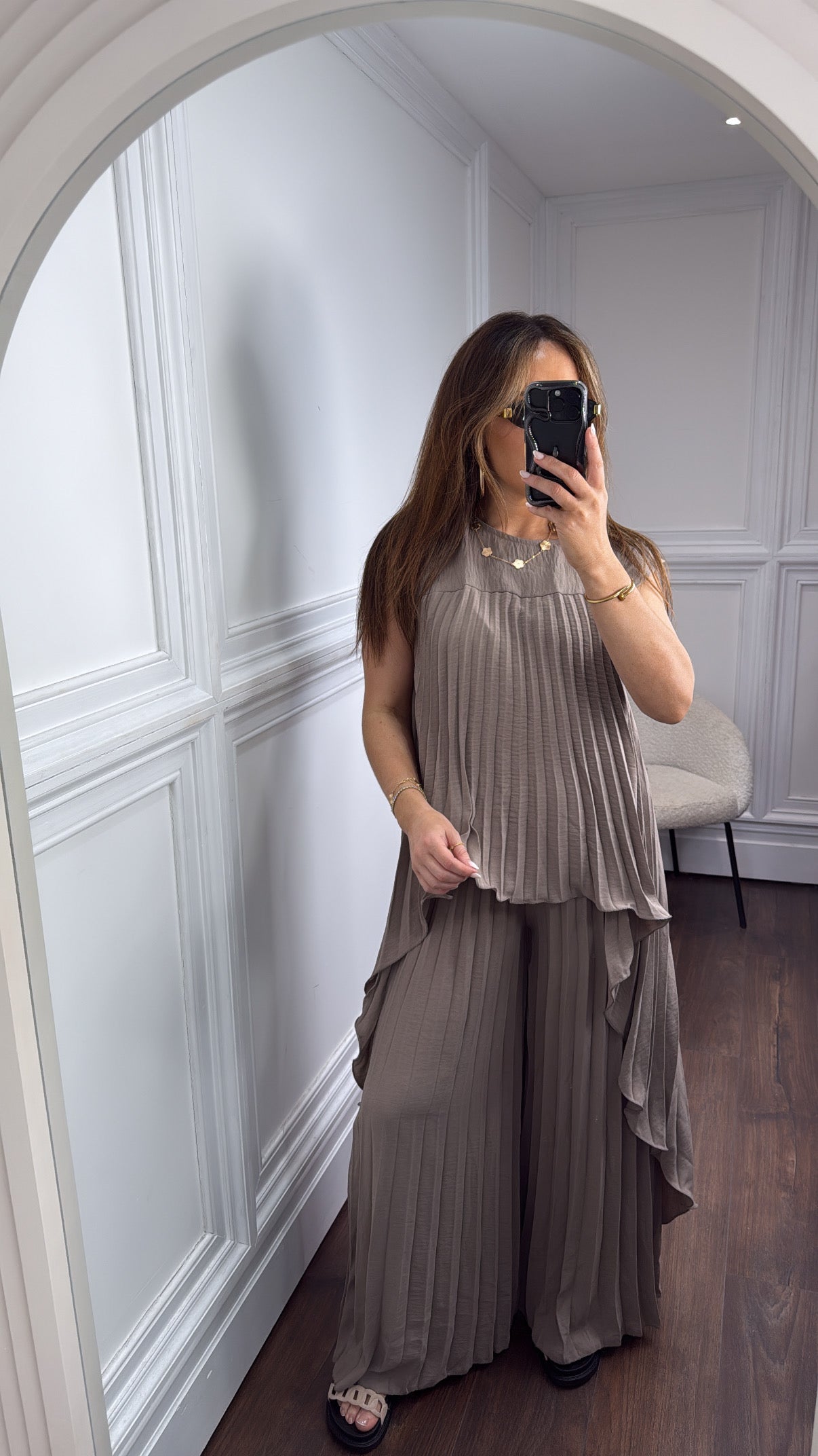 BOBBI mocha pleated dip hem top and palazzo trouser co-ord