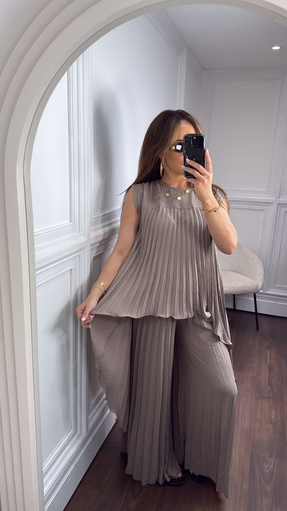 BOBBI mocha pleated dip hem top and palazzo trouser co-ord