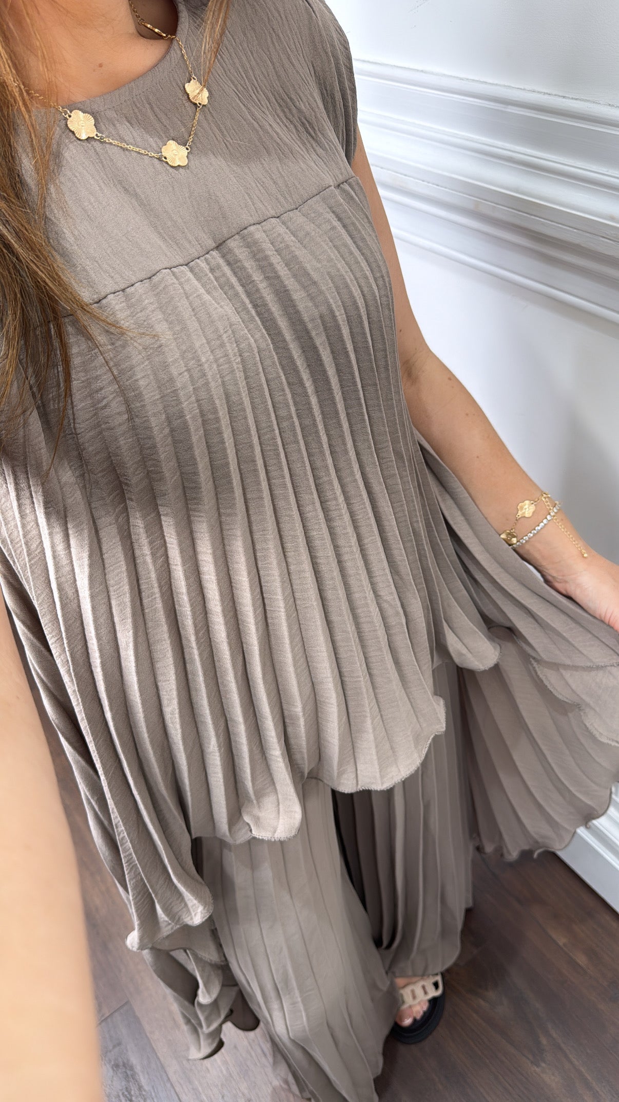 BOBBI mocha pleated dip hem top and palazzo trouser co-ord