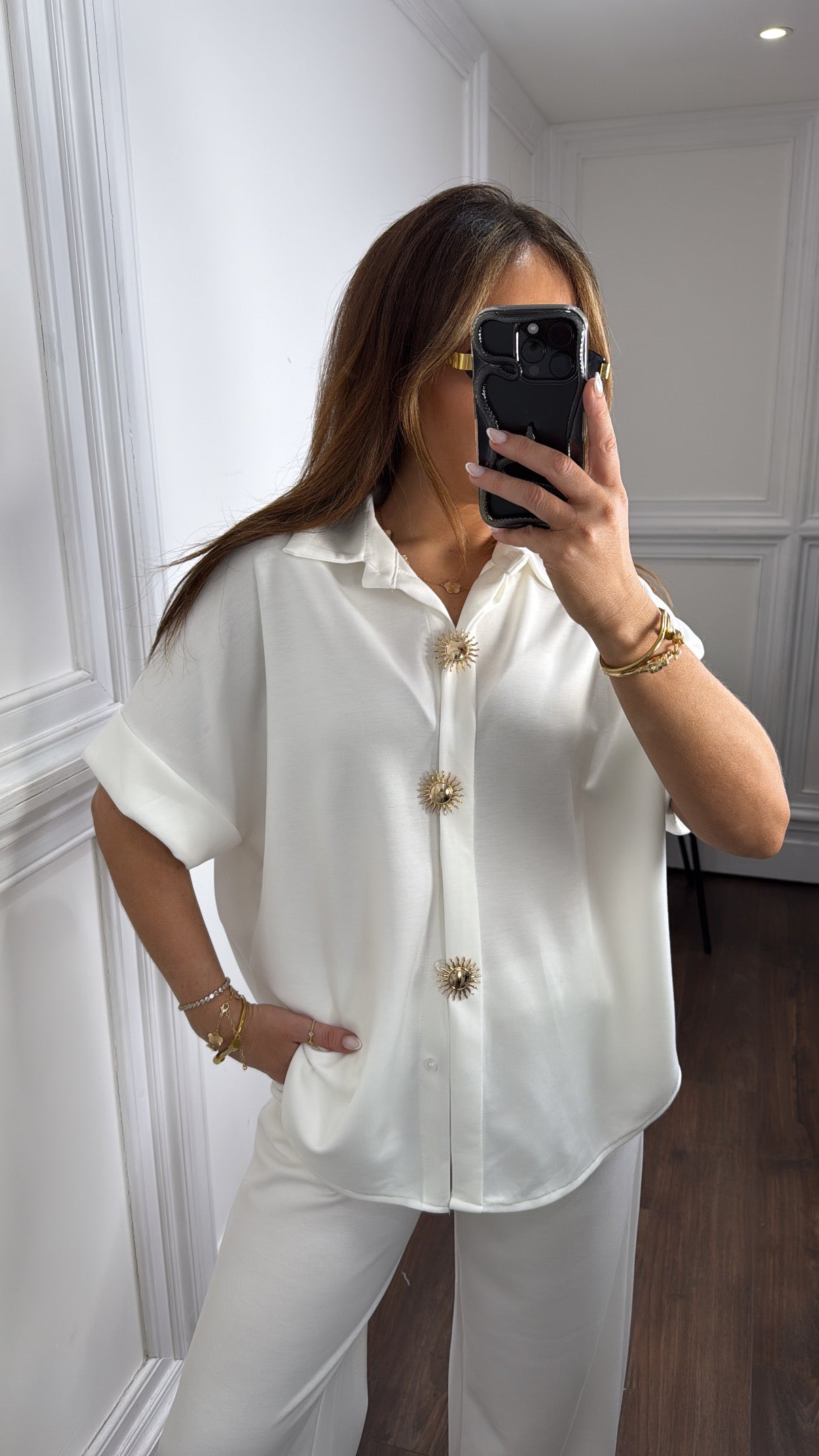 NOVA white jersey trouser co-ord with gold button detail