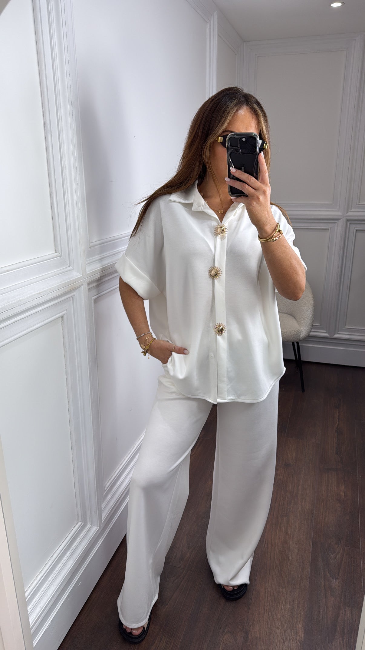 NOVA white jersey trouser co-ord with gold button detail