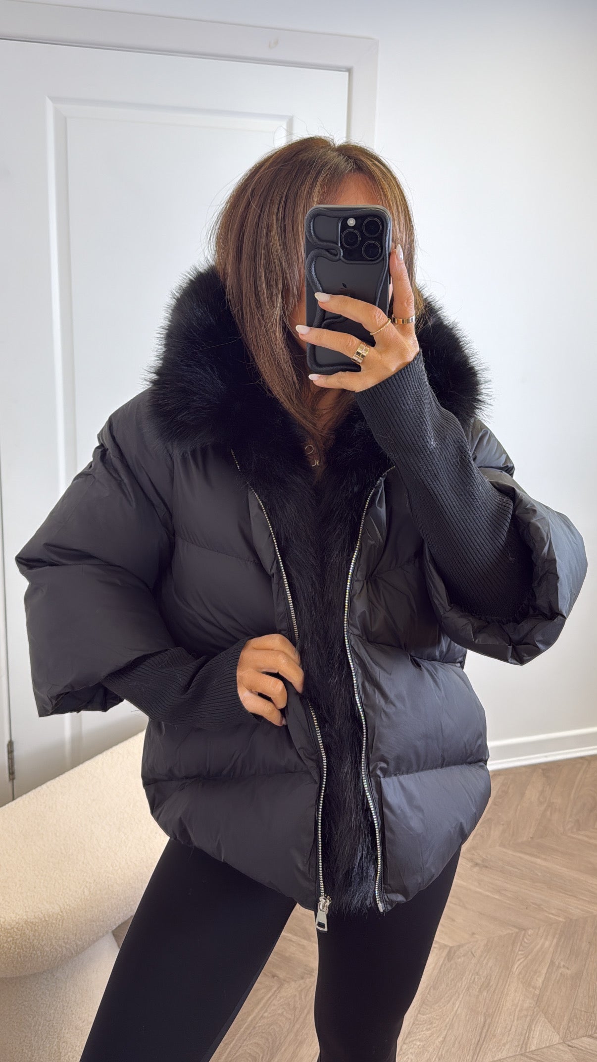 VERITY black puffer coat with faux fur