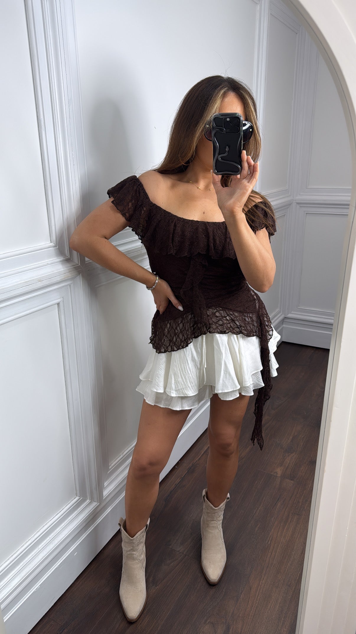 SAFFI brown lace ruffle top