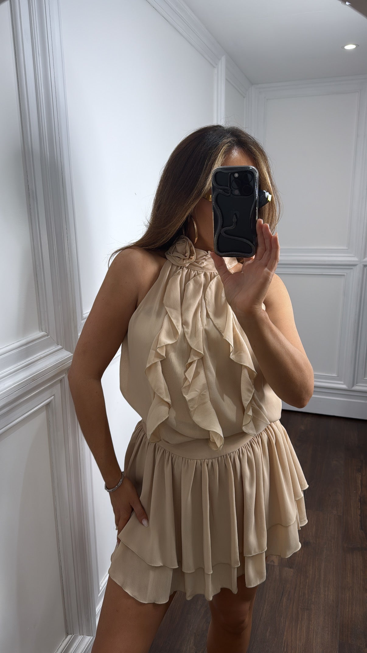 MILA beige ruffle skort co-ord with corsage detail
