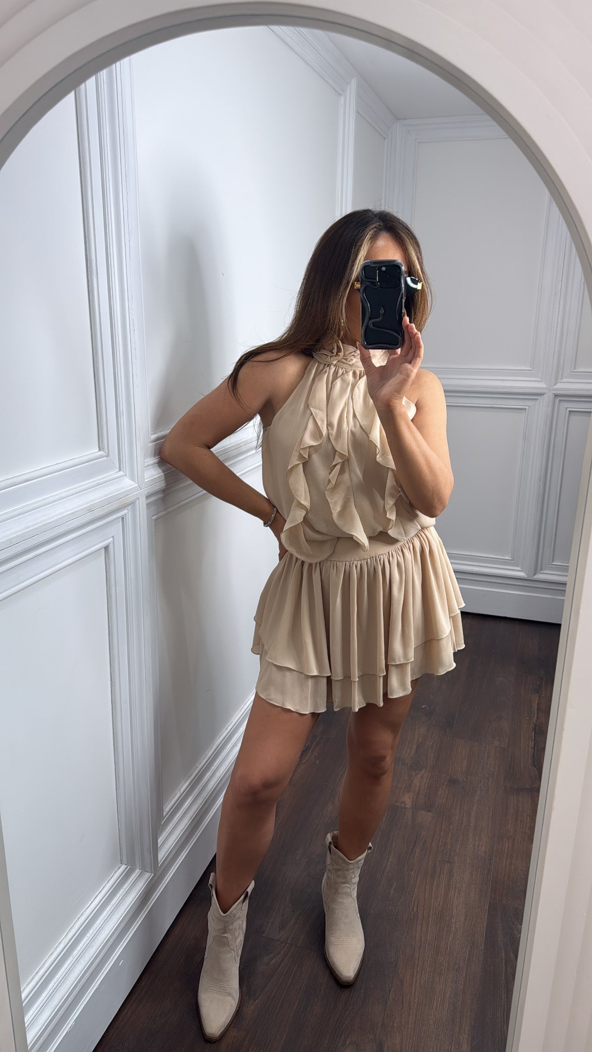 MILA beige ruffle skort co-ord with corsage detail