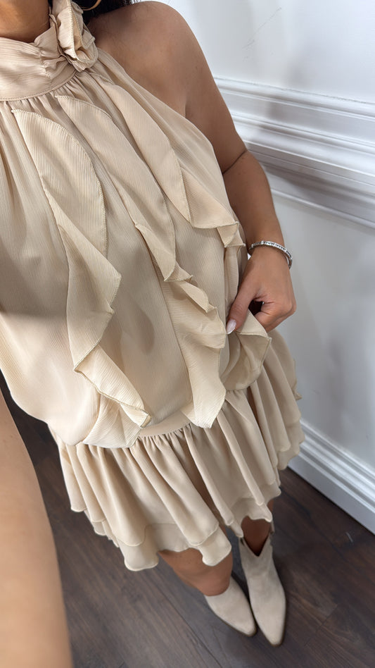 MILA beige ruffle skort co-ord with corsage detail