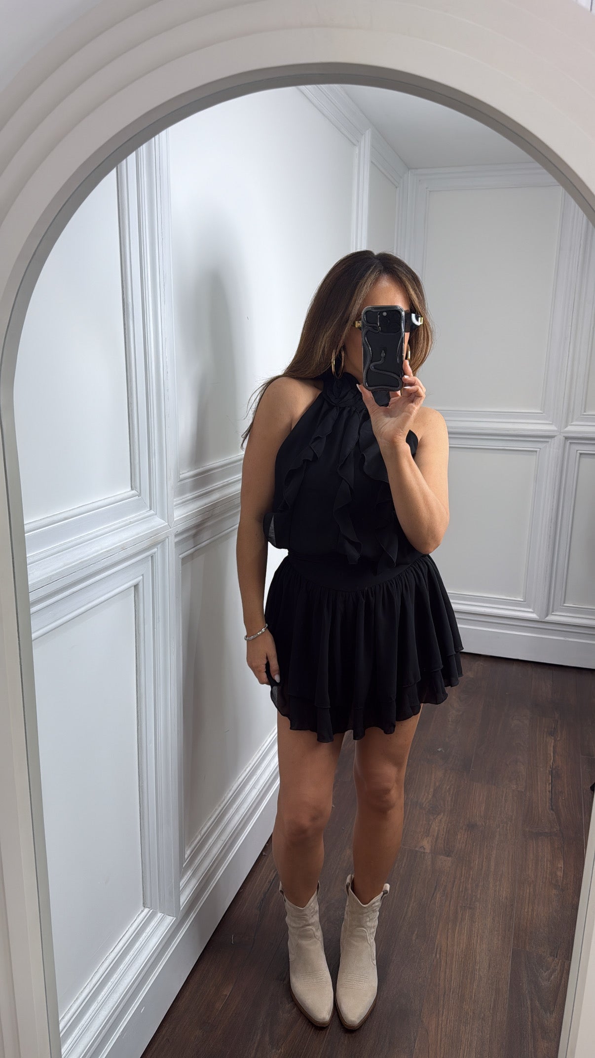 MILA black ruffle skort co-ord with corsage detail