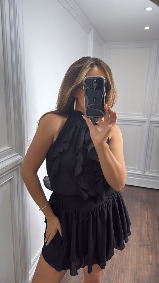 MILA black ruffle skort co-ord with corsage detail