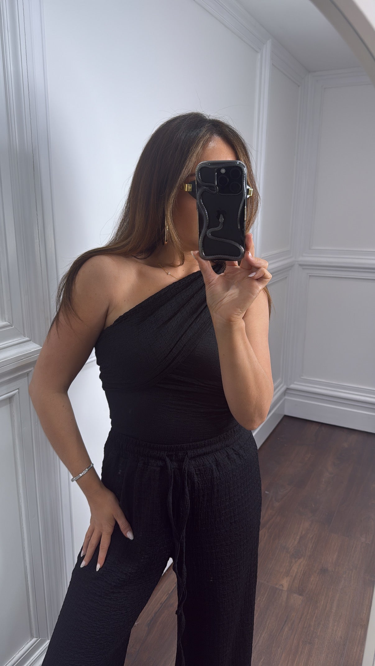 AURORA black asymmetric crepe trouser co-ord