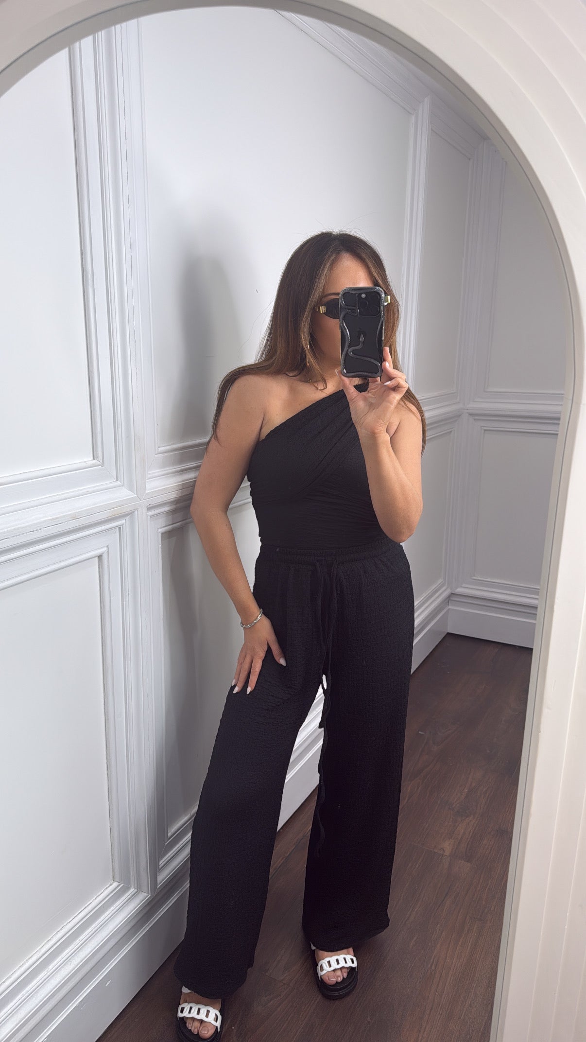 AURORA black asymmetric crepe trouser co-ord
