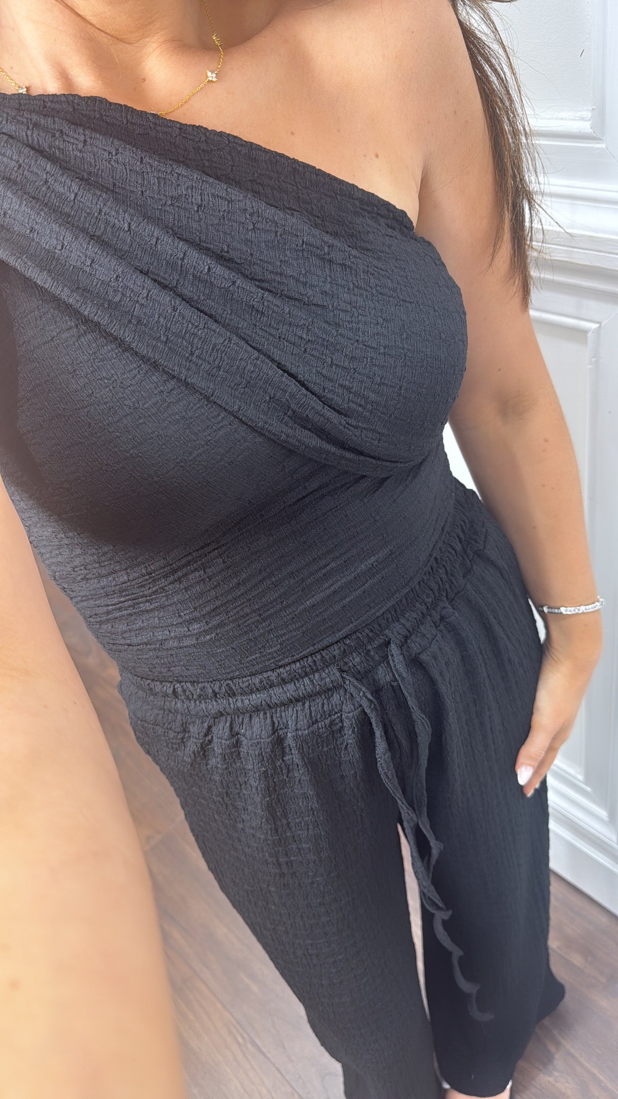 AURORA black asymmetric crepe trouser co-ord