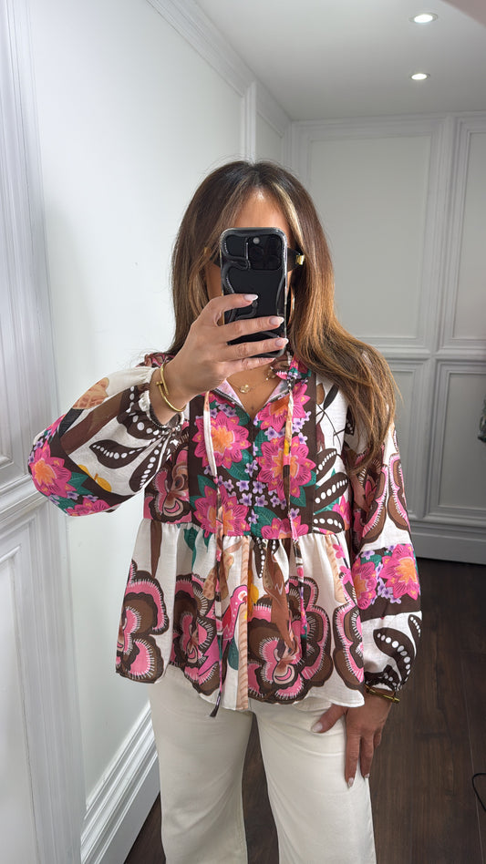 ELODIE pink floral retro blouse