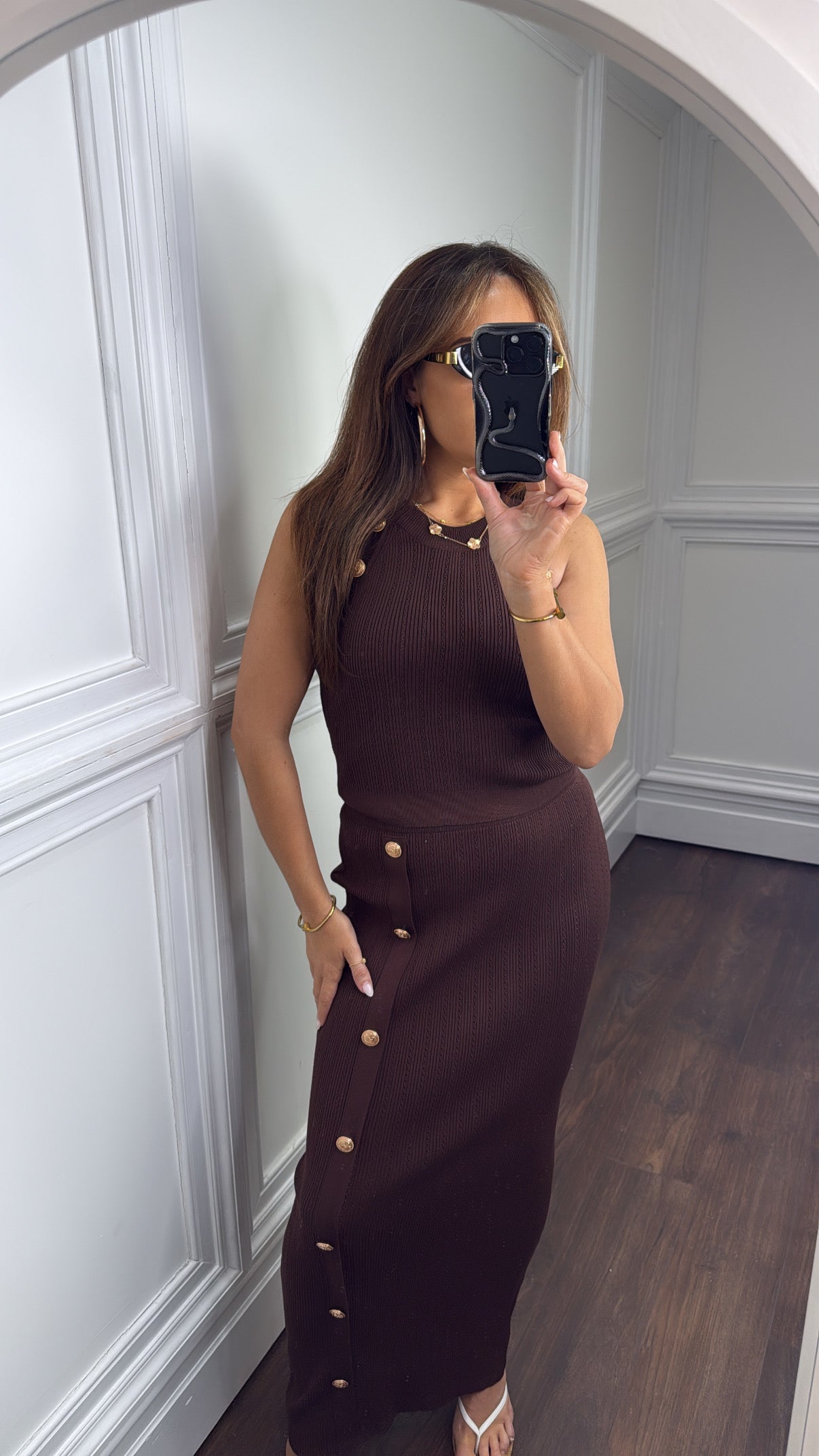 OLIVIA brown gold button top and maxi skirt co-ord
