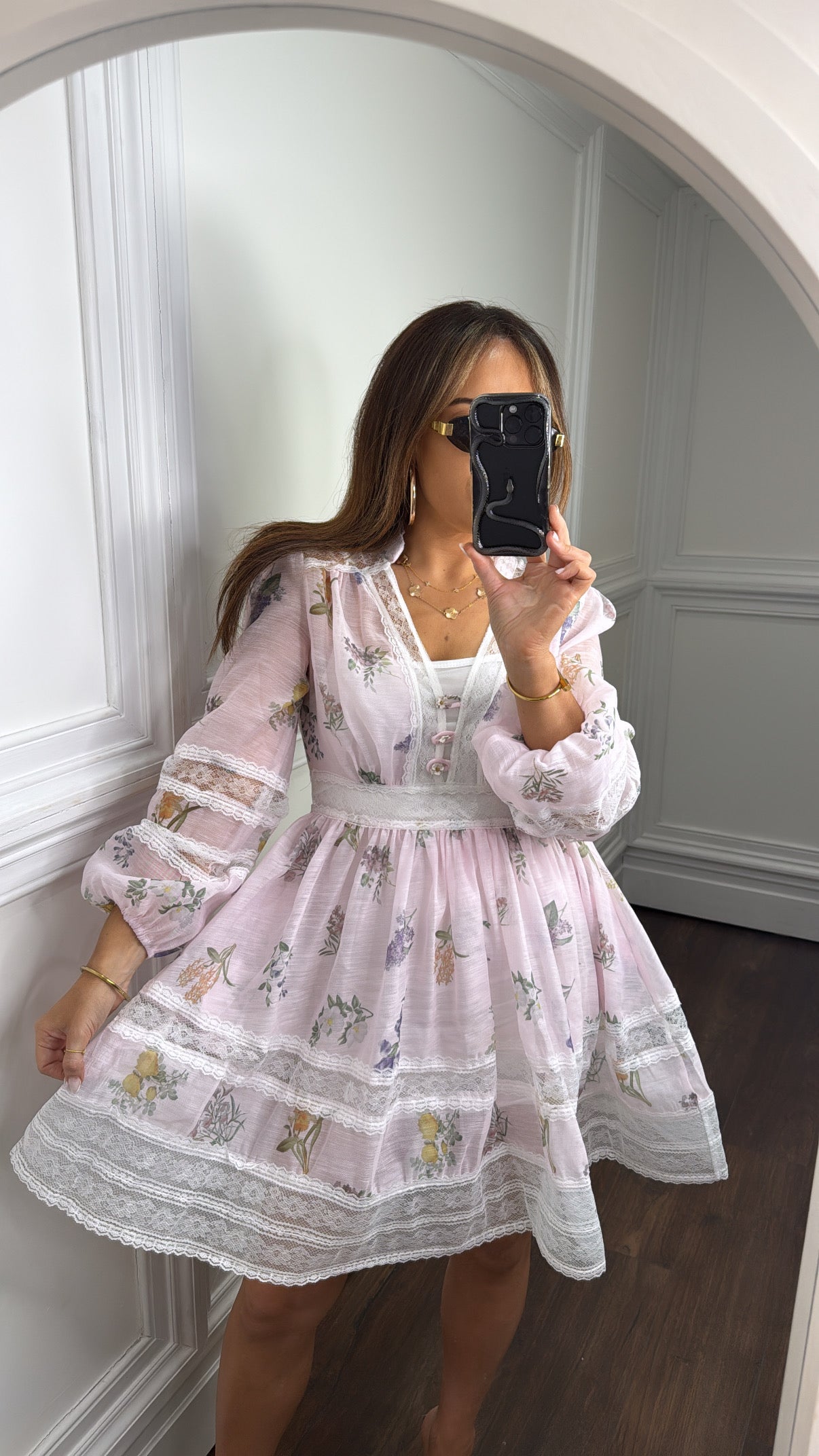 BELLE pink botanical lace detail dress