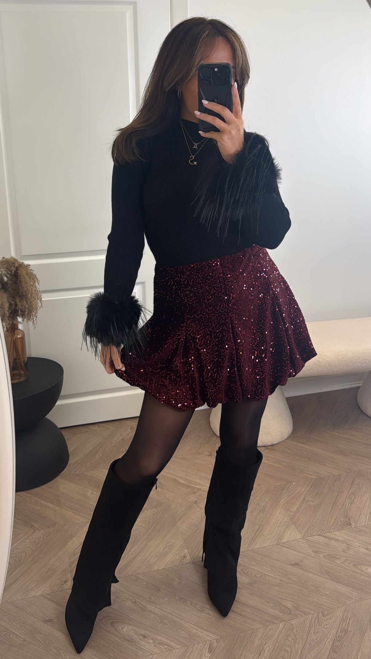 ZEENA burgundy sequin bubble hem skirt