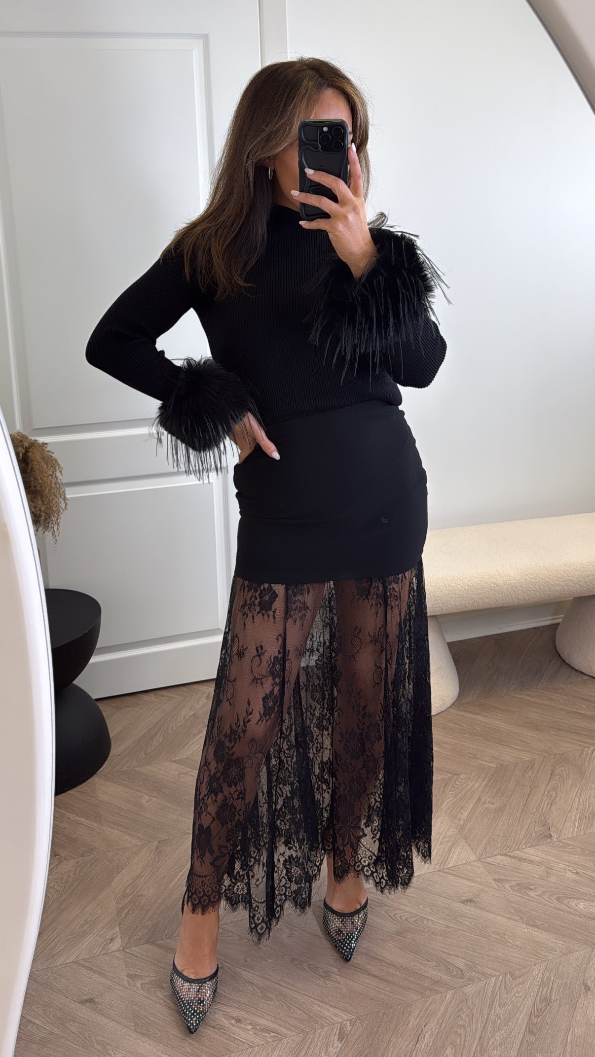 CHRISSY black lace detail skirt