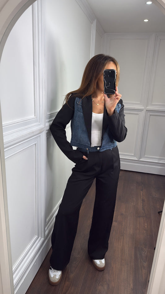 IMOGEN black denim contrast blazer and trouser co-ord