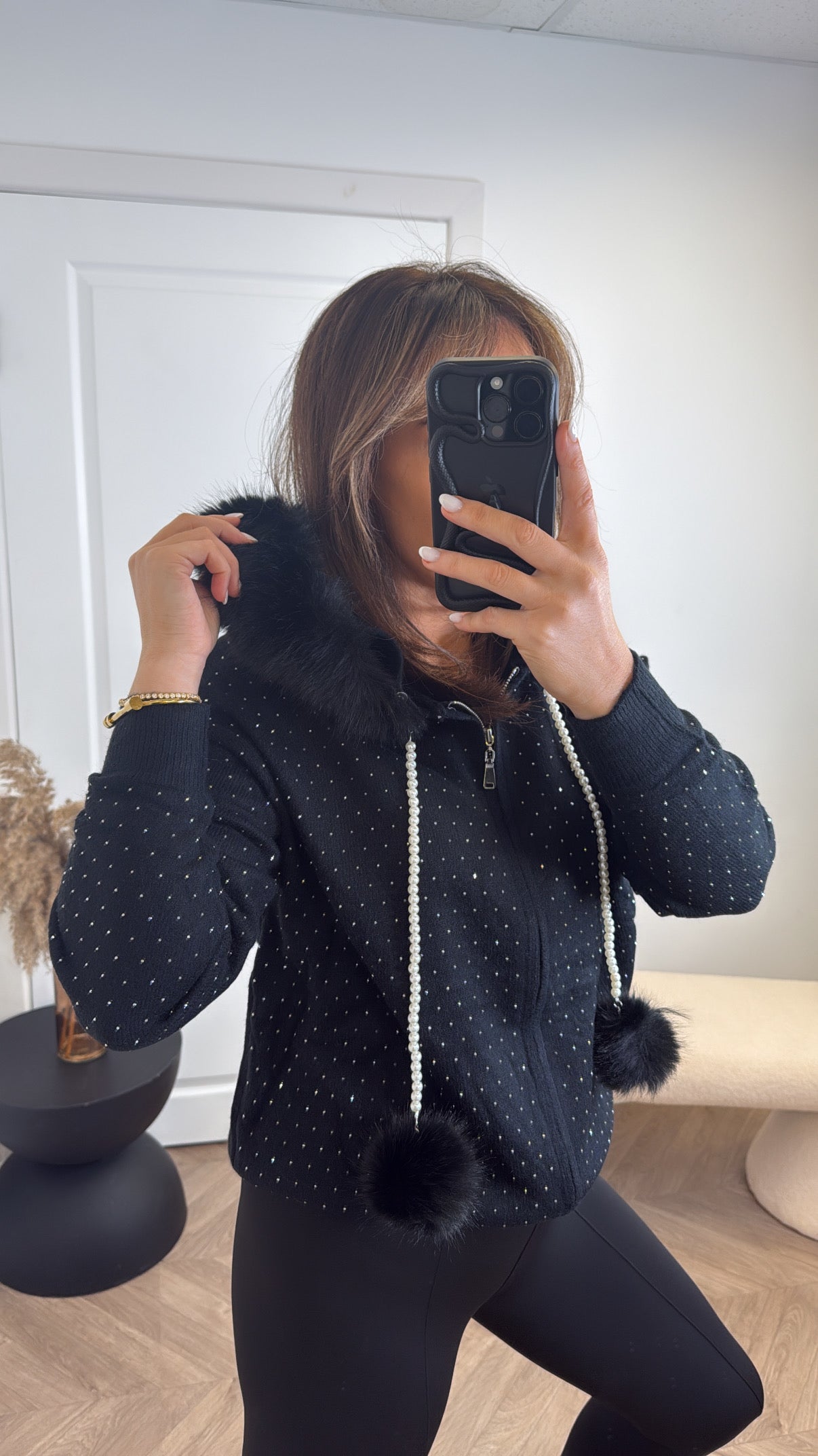 YVONNE black stud and pearl detail zip up hoody