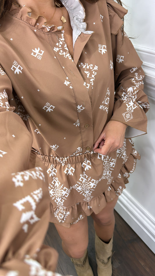 TEXAS camel ikat print ruffle skort co-ord