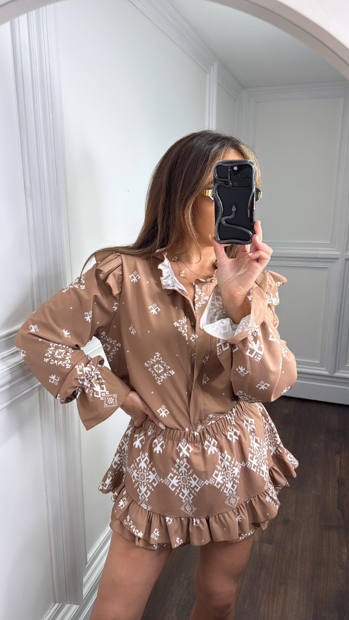 TEXAS camel ikat print ruffle skort co-ord