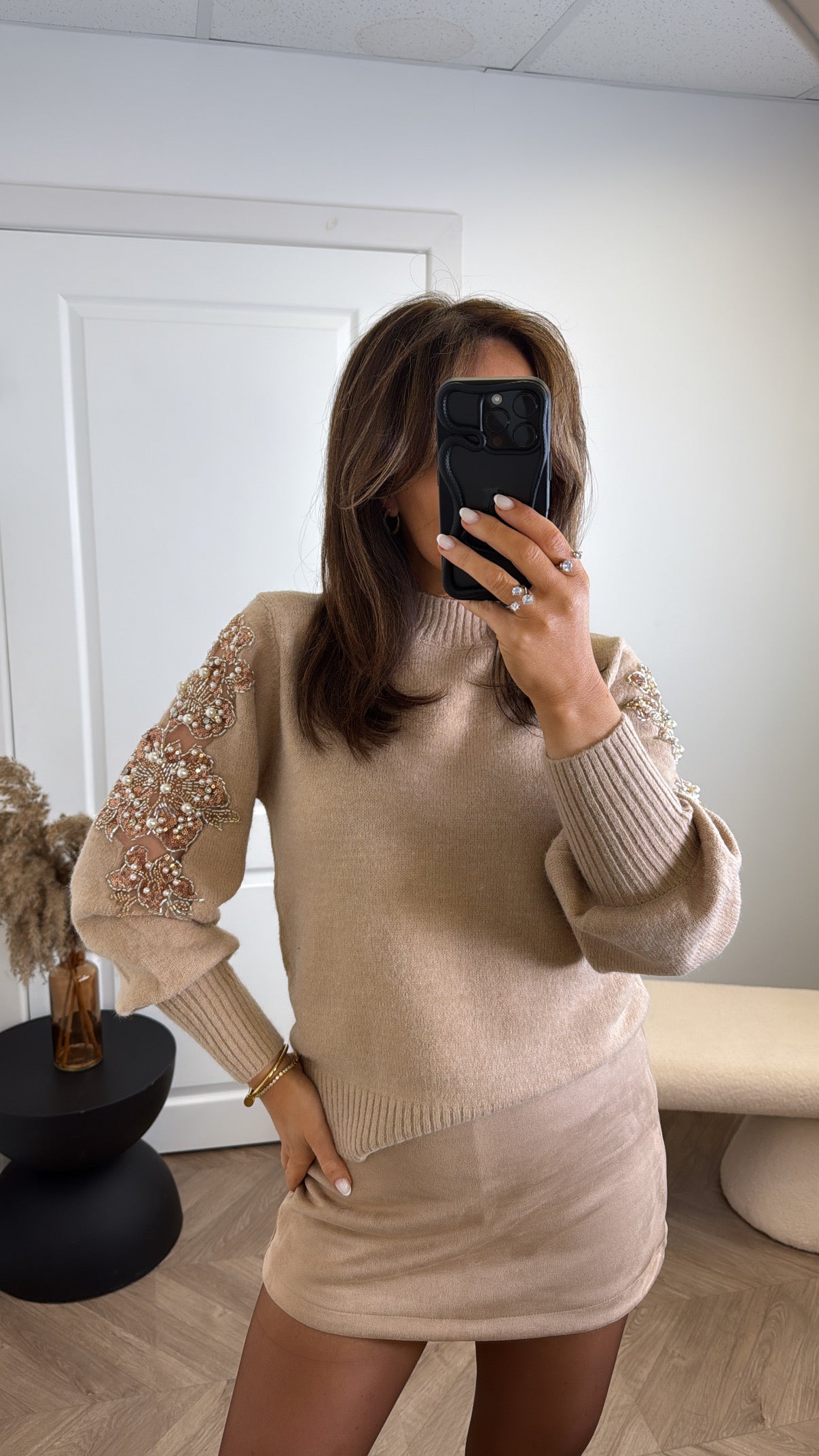 TABITHA beige soft jumper with sequin and pearl embellishment